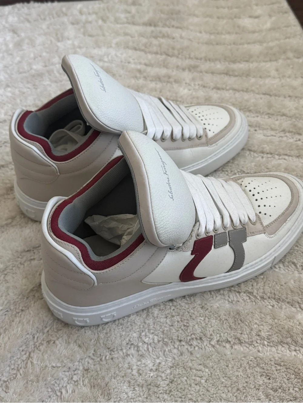Salvatore Ferragamo White, Beige & Red Men's Sneakers